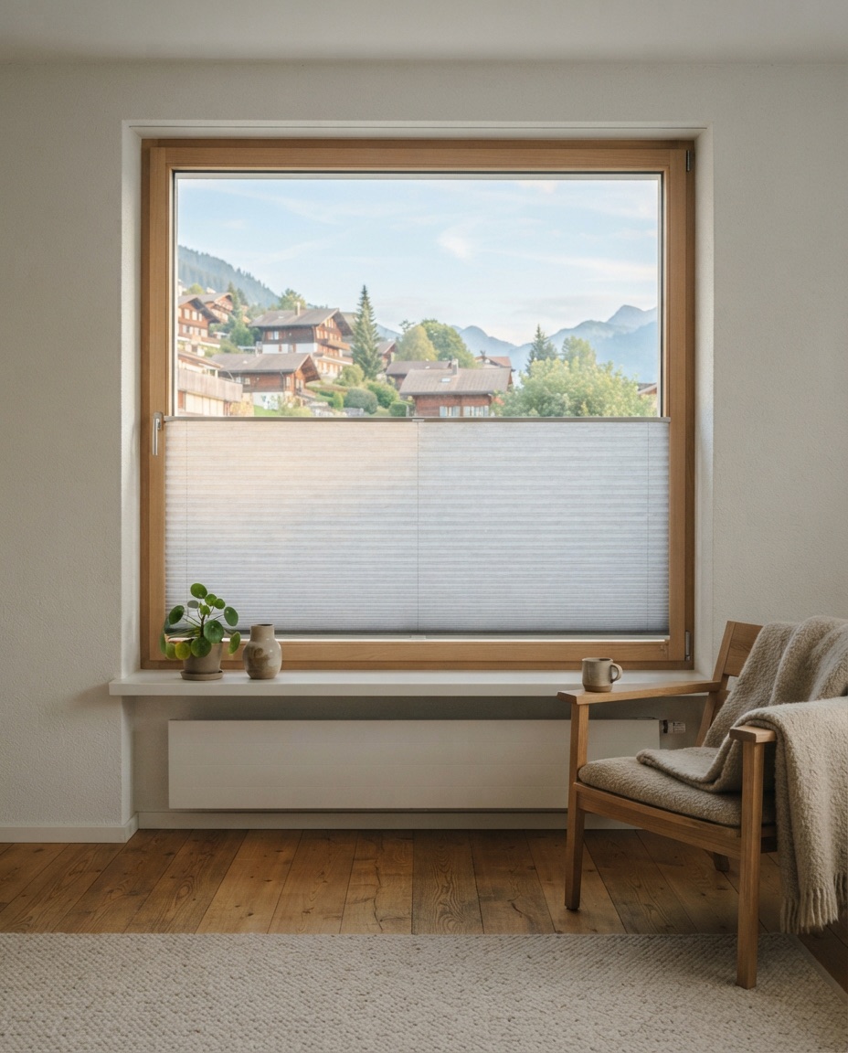 Halb aufgezogenes Plissee vor einem Fenster