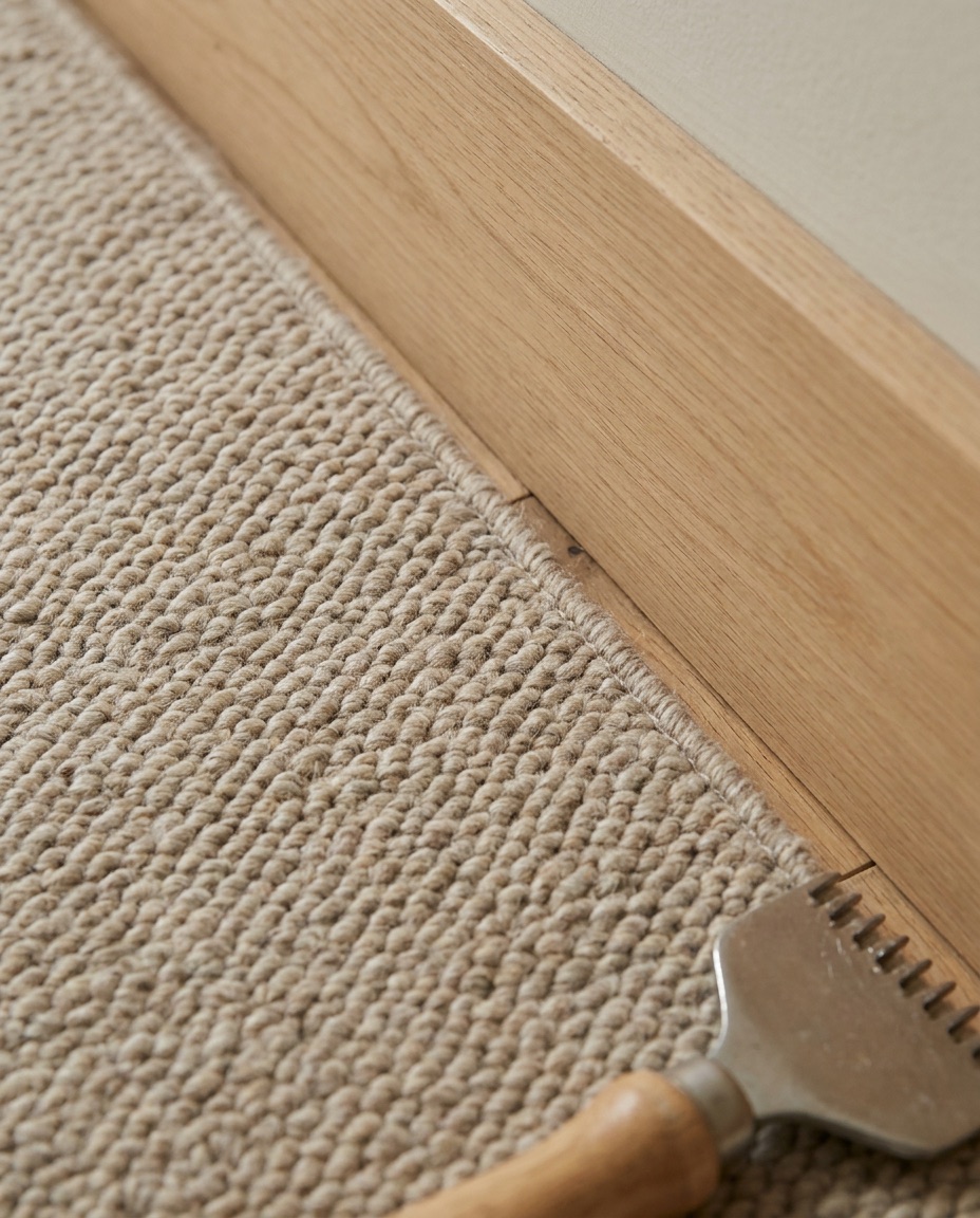 Wollteppich wird an einer Holzleiste angepasst